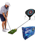 Man practicing with Ultimate Golf Chipping Net And Mat System For Portable Indoor Practice With Automatic Ball Return And Realistic Turf