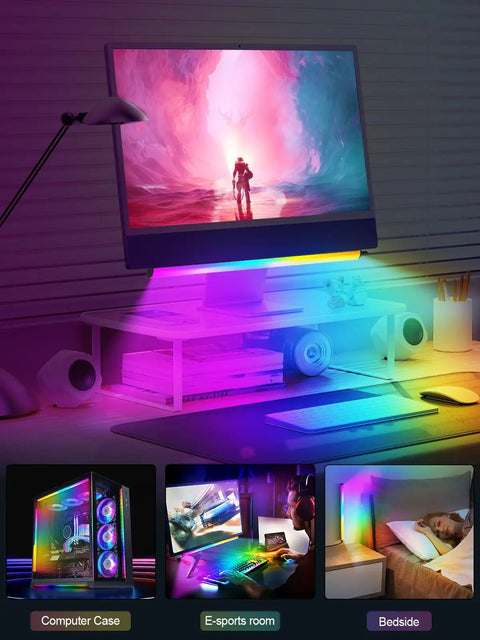 Monitor Down Light Bar RGB Desk Light for PC Setup with Dynamic Rainbow LEDs illuminating a desk space