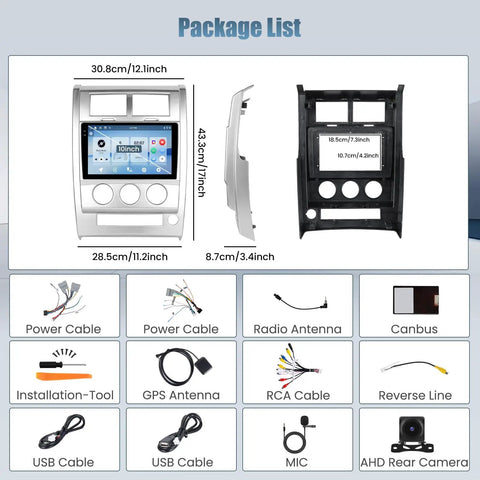 Premium 10.1 Inch Android 15 Car Radio Stereo Head Unit Kit Package List with display, wiring, and installation accessories.