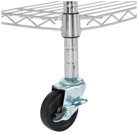 Heavy Duty Four Shelf Wire Storage Rack With Smooth Roll Casters And Super Easy Assembly For Garage Or Basement Gear with lockable caster.
