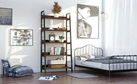 Solid Five Tier Industrial Ladder Bookshelf In Rustic Brown, Steel Frame Leaning Rack with books and decor in a stylish room.