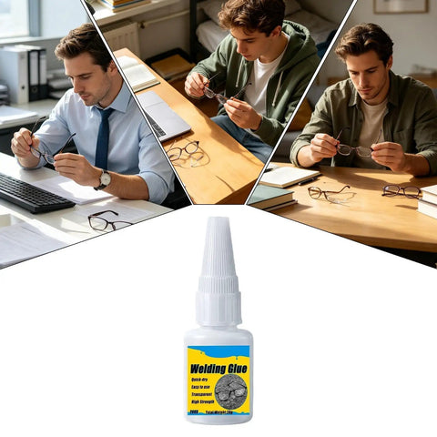 Heavy Duty Eyeglasses Repair Glue For Busted Frames Yields Hella Tough Rock Solid Bond Quick Dry Formula shown with male users repairing glasses.
