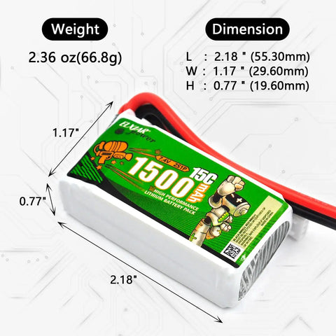 2 Pack 7.4V 1500mAh Li Ion Battery High Rate For 1 10th 1 12th And 1 16th RC Off Road Cars, dimensions and weight shown