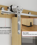 Close-up of Six Foot Sliding Barn Door Hardware Kit With Stainless Steel Track For A Single Door showing Y shape hangers and guide