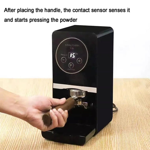 Straight Up Solid Automatic Coffee Tamper For Espresso Machines 58Mm Adjustable Pressure hits 5 to 30 Lbs, electric tamper in action.