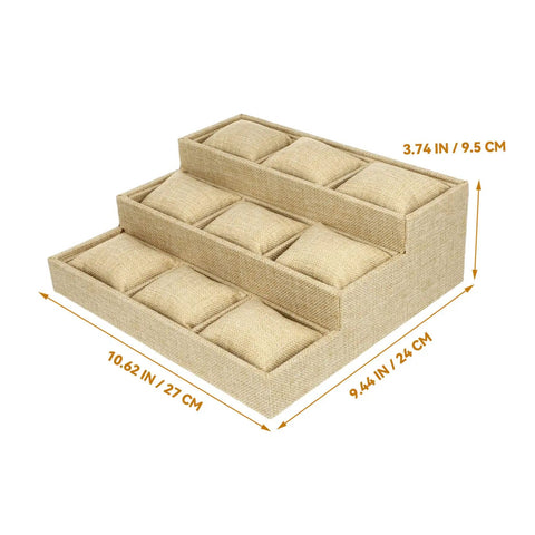 Slick Nine Grid Linen Watch Organizer Tray With Snug Padded Pillows to Keep Your Timepieces And Bling Tidy And Secure On Any Dresser Or Vanity Countertop, measuring 10.62 x 9.44 x 3.74 inches.