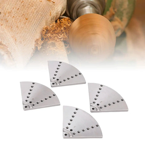 Heavy Duty Four Pack Eight Inch Flat Lathe Jaws Rock Solid Construction With Grade 45 Steel Self Centering Design No Sweat Pin Adjustment And Hex Wrench For Woodturning Shop Jobs displayed on a woodturning lathe.
