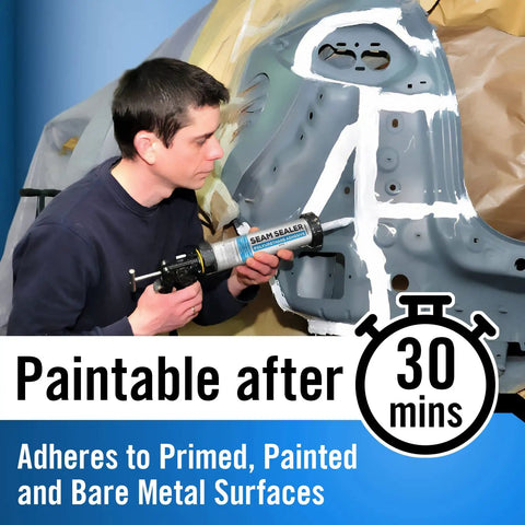 Man applying Two Pack Polyurethane Seam Sealer to metal auto body, paintable white formula, flexible joint filler, RV roof sealant.