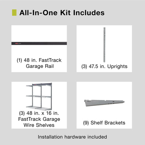 Customizable Wall Shelving System With Adjustable Hooks And Heavy Duty Rails For Garage Or Workshop Storage No Sweat Assembly Rock Solid 350 Lbs Per Shelf Capacity includes 48 in. rail and three wire shelves.