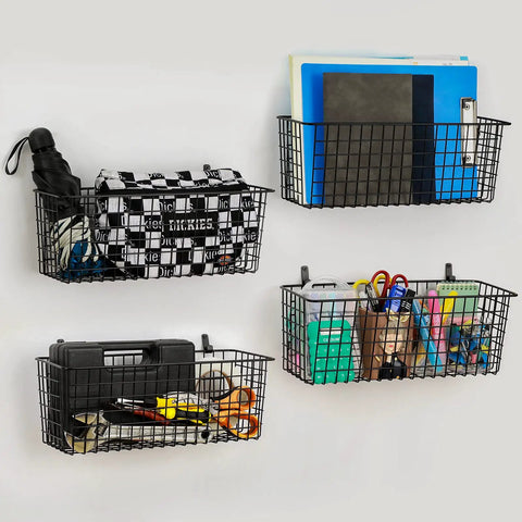 Extra Large Hanging Wall Mount Storage Baskets 4 Pack Sleek Black Wire Metal Organizer with office supplies and accessories.