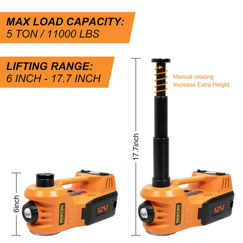 5 Ton 12V Electric Car Jack Kit With Portable Wrench And Tire Inflator Pump, LED Work Light And Warning Light, 4 In 1 Emergency Tire Change For SUV MPV Sedan, Garage Repair, Compact Yet Powerful showing max capacity and lift range.
