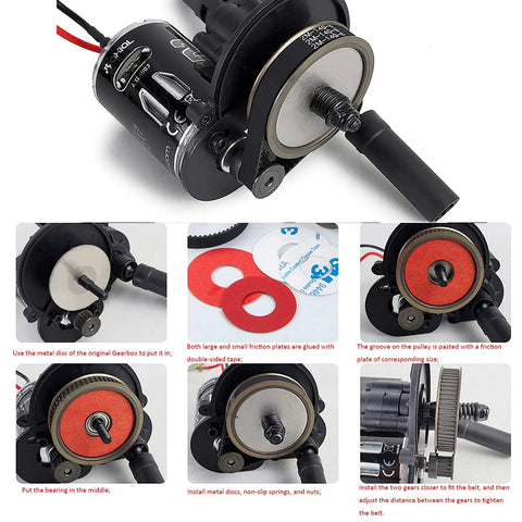 Smooth belt drive RC transmission components, including metal discs and pulleys, designed to reduce noise and enhance SCX10 performance.