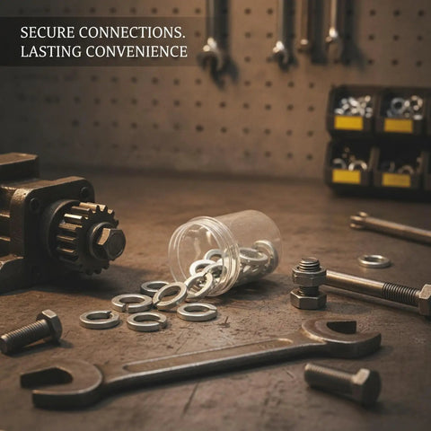 Spring Lock Washers Kit M3 To M30 Galvanized High Carbon Steel for automotive and machinery use shown on workbench with tools.