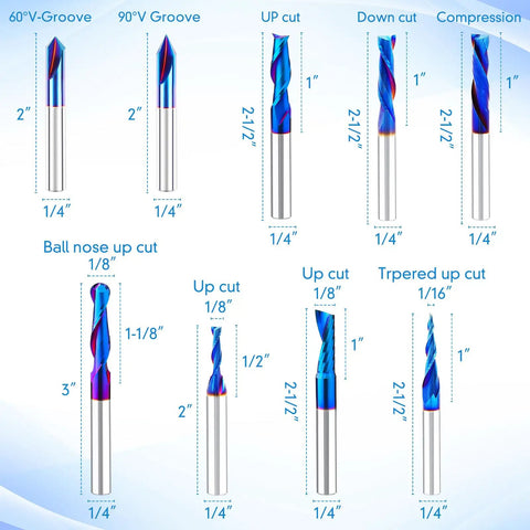 Nine Piece Solid Carbide CNC Router Bit Set With Nano Blue Coating And One Fourth Inch Shank Hella Sharp Edges For Woodworking Pros And Weekend Warriors A Total Sweet Deal display of various router bits with different cuts and sizes.
