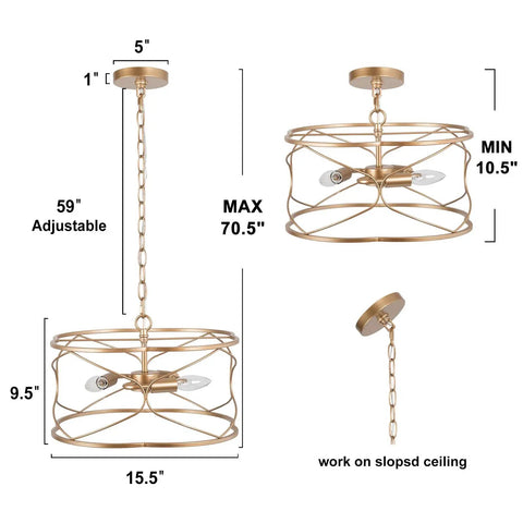 Dope Gold Drum Chandelier Three Light Pendant Ceiling Light with dimensions and adjustable chain for various ceiling heights.