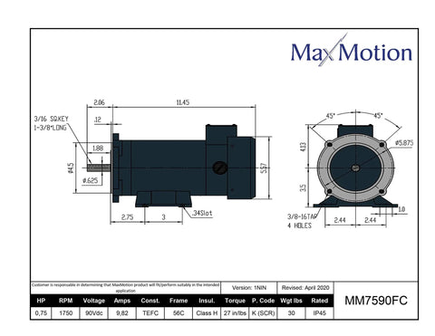 Permanent Magnet DC Motor 90VDC, 4HP, 1800RPM, TEFC Enclosure, 56C Frame, 7.8A, 27 in Lbs Torque, Three Phase NEMA Ready, Low Voltage Drive Compatible for Conveyors, Pumps, and Packaging Equipment with Precise Speed Control on dimension sheet