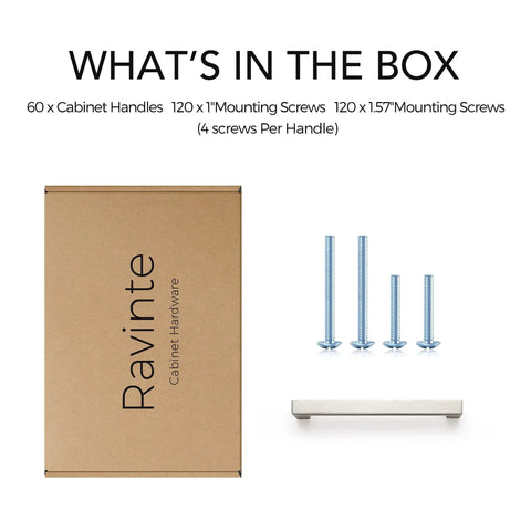 60 Pack Square Cabinet Handles In Brushed Nickel Stainless Steel Drawer Pulls For Kitchens Cabinets Cupboards And Furniture 5 Inch Center To Center Durable Modern Hardware box contents displayed, including screws and one handle