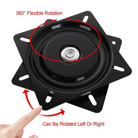Heavy Duty 7 Inch Square Bar Stool Swivel Plate For Buttery Smooth 360 Degree Spin With Rust Proof Steel And No Skip Roll Perfect Rock Solid Seat Base. Close-up view of swivel plate showing 360° rotation feature.