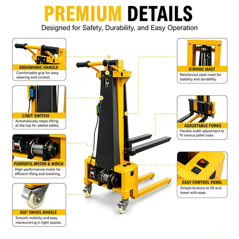Heavy Duty Electric Pallet Lift Stacker With Remote Controlled Height Tweaking And Wide Forks for easy maneuvering and safety features.
