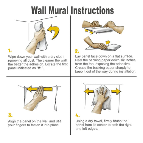 Instructions for applying Dream Castle Bedroom Wall Mural Set, large peel and stick wallpaper, totally removable, six pieces.