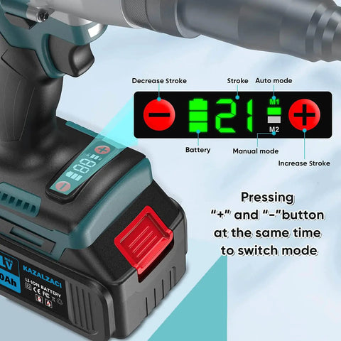 Pro Cordless Tapping Gun Machine With 21V Battery And ANSI Collets For M3 To M12 Taps control panel showing battery and mode settings.