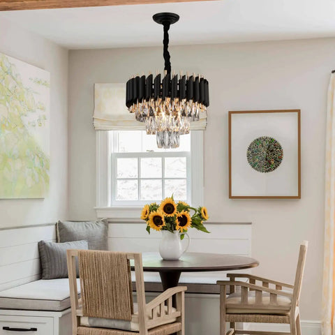 Three Tier Black Rose Gold Crystal Chandelier Round 16 Inch Flush Mount Pendant Light Dimmable Ceiling Fixture in dining room