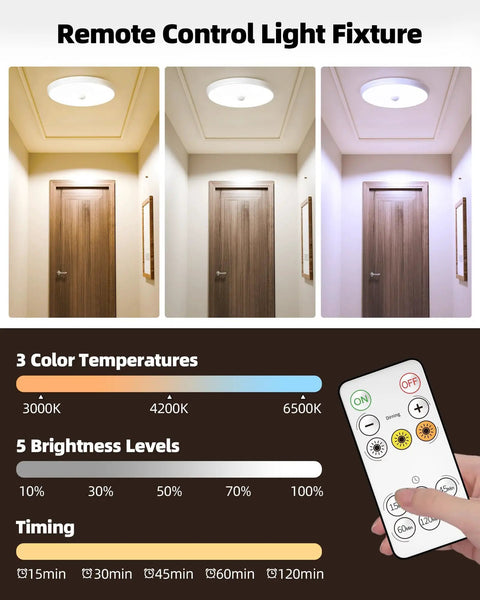 Hassle Free Plug and Play Motion Sensor Ceiling Light 2 Pack 400 Lumens Super Bright Tri Color Dimming Wireless Flush Mount with sleek remote showing different brightness levels.
