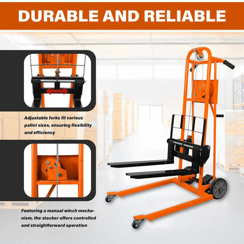 Heavy Duty Manual Winch Material Lift Stacker showing adjustable forks and manual winch mechanism in warehouse setting.
