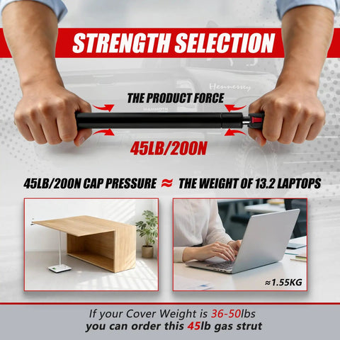 Premium Heavy Duty Gas Struts 27 Inch 45 Lb Force Pair shown in hand with force rating labeled 45LB/200N for truck use.