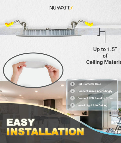 Hand holding 4-inch LED light from 12 Pack 4 Inch Ultra Thin LED Recessed Lighting Kit With 5 CCTs Selectable, next to installation steps diagram.