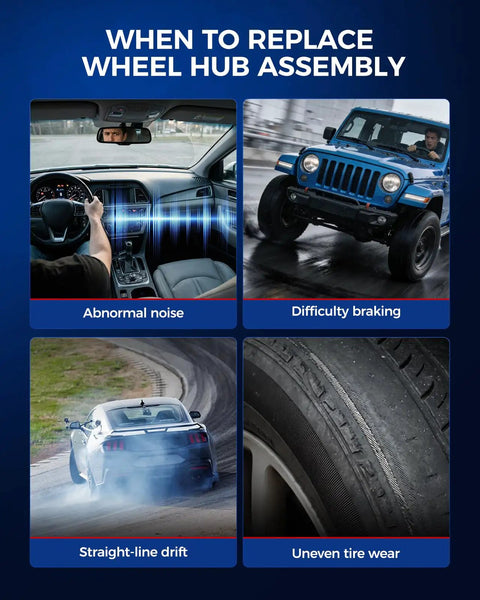 Signs for replacing wheel hub assembly: Abnormal noise, difficulty braking, straight-line drift, uneven tire wear.