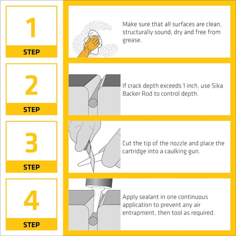 Step-by-step guide for applying Crack Flex Sealant For Horizontal Cracks Up To One Inch Gray Self Leveling Waterproof Polyurethane Sealant.