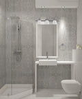 Modern bathroom featuring Jayden Five Piece All In One Bathroom Set Satin Nickel Three Light Vanity Light with white opal glass.