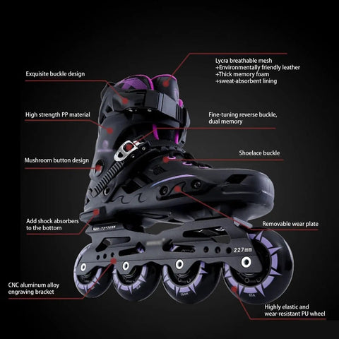 Black inline skate with purple details, showing buckle and wheel design. Product focus: Inline Skates For Girls And Boys Dope Professional Roller Blades For Women And Men Adjustable For Beginners White Size 9 Built Tough.