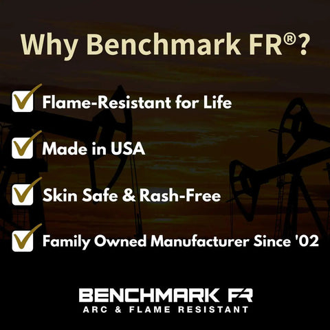 Why Benchmark FR? Benefits of flame-resistant, USA-made, skin-safe, family-owned manufacturer since 2002. Oil rig silhouette.
