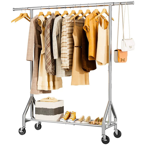 Built Like A Tank Heavy Duty Steel Rolling Clothes Rack Holds 450 Lbs With Sturdy Shelves For Hanging Jeans Coats Dresses Portable Wardrobe With Quiet Casters Easy To Move Around Your Room Silver Finish Garage Ready, displaying a variety of hanging clothes and accessories.