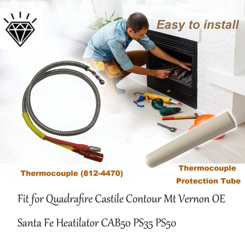 Front view: replacement thermocouple with braided lead and white protection tube for Quadrafire Castile CAB50 (812-4470).