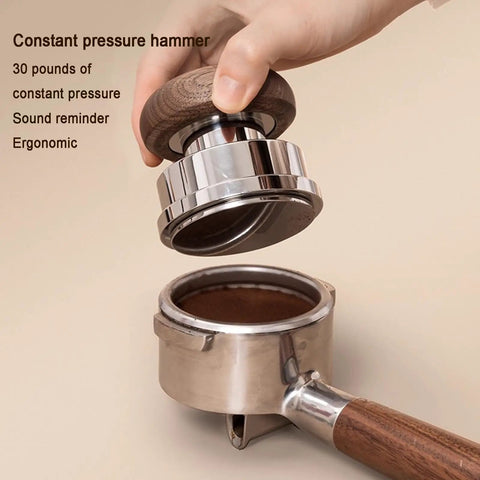58 Mm Espresso Tamper Kit With Fine Wdt Needle Tool And Gravity Distributor, hand holding constant pressure hammer over portafilter