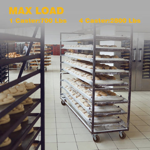 Bakery rack with bread using high-temp swivel caster wheels up to 2800 lbs for industrial ovens and kilns.