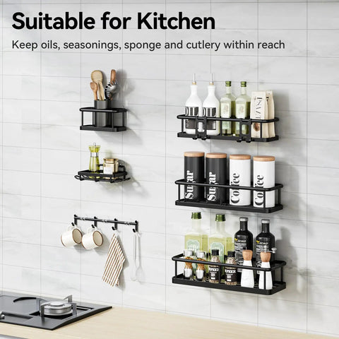 Adhesive Shower Caddy Kit Rustproof Bathroom Organizer With Soap Holder No Drill Heavy Duty Hanging Shelves Inside Shower Space Zero Fuss Setup Rock Solid Storage Rack Six Piece Black mounted in kitchen holding jars and utensils.