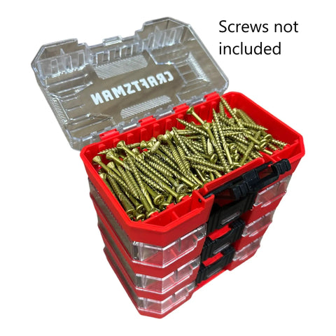 Top Shelf Hassle Free Compact Stackable Storage Cases 4 Pack Versastack Compatible container filled with screws, lightweight red organizer.