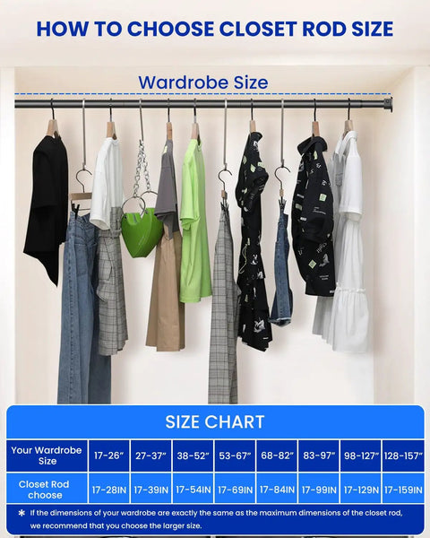 Heavy Duty Stepless Adjustable Closet Rod Designed For Seamless Closet Refresh Custom Steel Support Bar Holds Sixty Six Pounds with size chart guide.