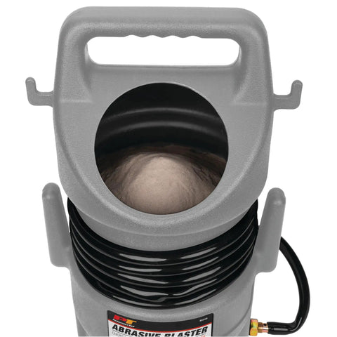 Top view of a gray Portable Abrasive Blaster Kit For Get Rust Gone Fast And Paint Graffiti Clean Up With Gravity Feed And Air Compressor
