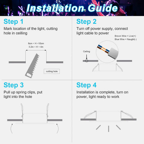 Installation guide for LED Recessed Ceiling Light 3In 4In 5W RGB Dimmable Downlight steps 1 to 4.