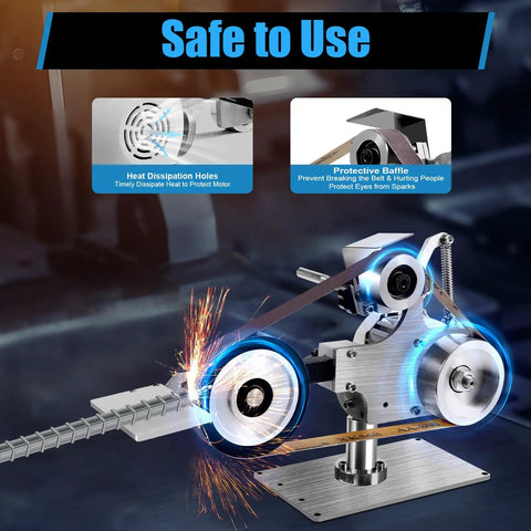 Pxolerig 500W Belt Grinder Sander With Adjustable Workbench showing heat dissipation holes and protective baffle.