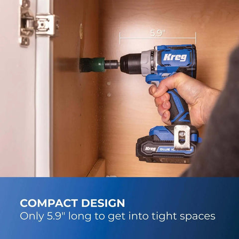 Top Shelf Pocket Hole Jig 720 Pro With Killer 20 Volt Cordless Drill Driver Combo Kit, showcasing compact 5.9 inch drill in tight cabinet space.