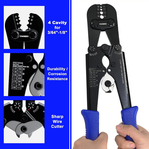 Wire Rope Crimping Tool Kit With Built In Cutter And Swaging Tool Pro Grade Crimp Loop Sleeve From 3 64 Inch To 1 8 Inch