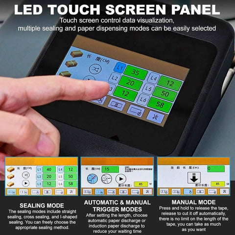 LED touch screen panel of Electric Water Activated Tape Dispenser Heavy Duty Kraft Paper Tape Cutter showing control options.