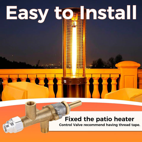 Front view of brass propane patio heater control valve replacement kit with thermocouple and pilot port fittings.