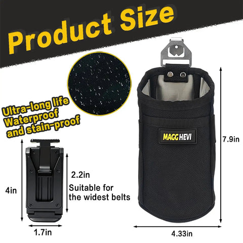 Durable Nail And Screw Pouch With Belt Clip For Electricians Carpenters Mechanics And Handymen Pro Grade Tools Organizer Bag With Snap Spring Closure To Keep Fasteners Secure And Easily Accessible On The Job, shown with measurements and black material.